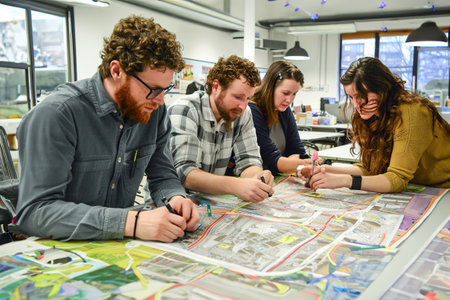 Urban mobility planners brainstorm in a city planning office, mapping out transportation networks, bike lanes, and pedestrian-friendly pathways for sustainable urban development.の素材