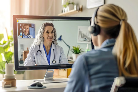A telemedicine doctor consults with a patient via video call, providing medical advice, diagnosis, and prescriptions remotely, ensuring accessible healthcare.の素材