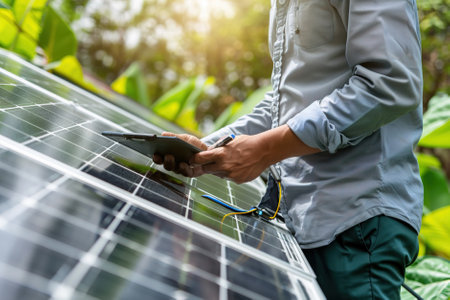 Sustainability manager conducts energy audit, inspecting solar panels, LED lighting, and recycling initiatives, eco-friendly practices in corporate environment.の素材