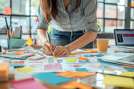 Content creator brainstorming ideas, sketching storyboards for social media campaigns, surrounded by colorful props and digital devices.の素材