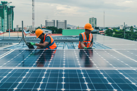 Renewable energy technicians inspecting solar panels on a rooftop, ensuring optimal efficiency and maintenance for sustainable energy production.の素材