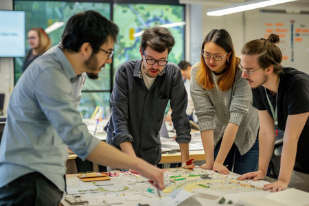 Teams collaborate in an urban design studio, envisioning future cities with integrated transportation hubs, electric vehicle charging stations, and green infrastructure.の素材