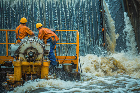 Technicians installing hydroelectric turbines in a river, harnessing the power of flowing water to generate renewable energy for sustainable development.の素材