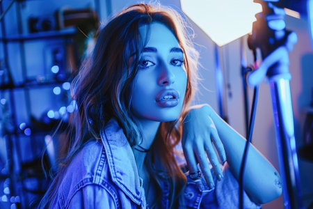 Influencer records a vlog, sharing insights on video channel, discussing fashion trends, beauty tips, or travel adventures, engaging with followers.の素材