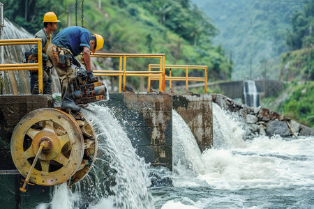 Technicians installing hydroelectric turbines in a river, harnessing the power of flowing water to generate renewable energy for sustainable development.の素材