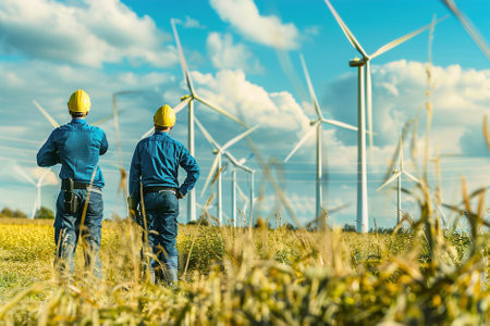 Engineers assembling wind turbines in a wind farm, harnessing wind power to generate clean and renewable electricity.の素材