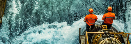 Technicians installing hydroelectric turbines in a river, harnessing the power of flowing water to generate renewable energy for sustainable development.の素材