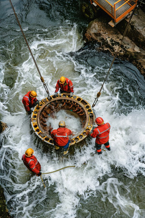 Technicians installing hydroelectric turbines in a river, harnessing the power of flowing water to generate renewable energy for sustainable development.の素材