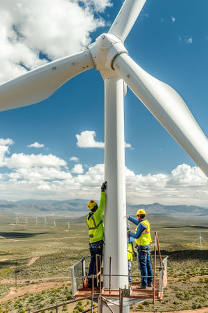 Engineers assembling wind turbines in a wind farm, harnessing wind power to generate clean and renewable electricity.の素材