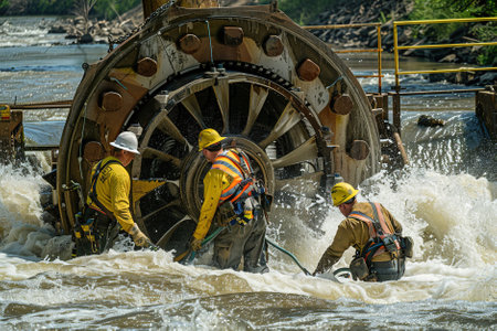 Technicians installing hydroelectric turbines in a river, harnessing the power of flowing water to generate renewable energy for sustainable development.の素材
