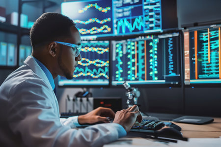 Scientists develop algorithms for bioinformatics analysis, large datasets to interpret genetic information, protein functions and model biological systems.の素材