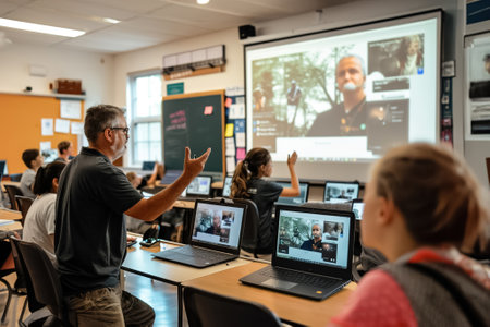 An EdTech instructor leads a virtual classroom, engaging students with interactive lessons and digital tools, remote learning opportunities.の素材