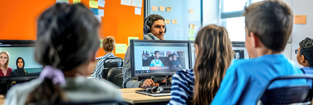 An EdTech instructor leads a virtual classroom, engaging students with interactive lessons and digital tools, remote learning opportunities.の素材