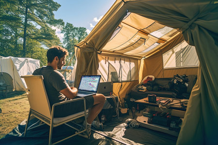 Young programmer sitting at a table in a tent and coding with a laptop. Working remote on campsite in the nature.の素材