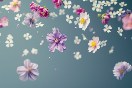 Floated in the air randomly spring various flowers with copy space.の素材