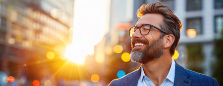 A professional-looking person smiles next to a new home, dream of financial independence.の素材