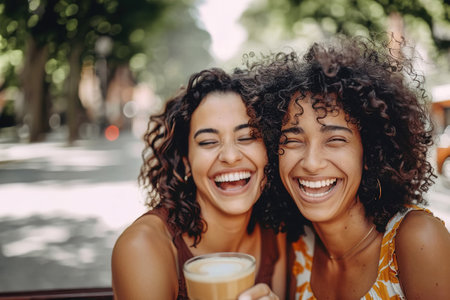 Two friends sit on a park bench, laughing together, enjoying coffee. Strong relationships.の素材