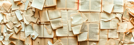 Deconstructed Book Pages from a book torn and scattered, showcasing the abstraction of knowledge and ideas. Paper background.の素材