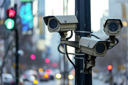 Surveillance cameras strategically monitor pedestrian activity at a bustling intersection.の素材