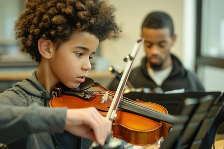 A young violinist concentrates intensely, bow in hand, while an instructor offers guidance on technique and posture in a cozy music room.の素材