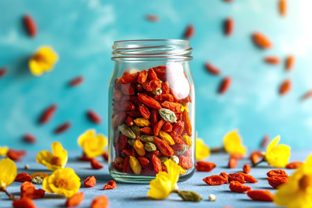 Glass jar brimming with colorful goji berries, highlighting their role in healthy eating habits.の素材