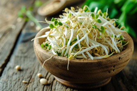 A rustic wooden bowl filled with crunchy bean sprouts,  process of growing your own nutritious greens at home.の素材
