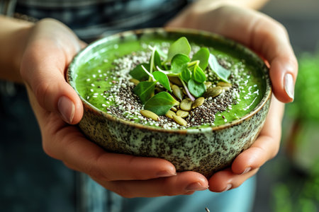 Hands hold smoothie bowl sprinkled with protein-packed hemp seeds into, adding a healthy crunch and a burst of essential nutrients.の素材