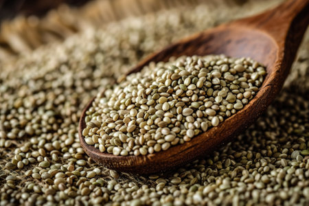 A rustic wooden spoon scoops up a handful of wholesome hemp seeds, nutritious superfood.の素材
