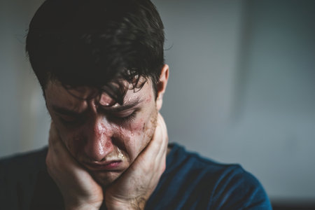 A close-up of a person's tear-streaked face, conveying profound sadness and grief, with watery eyes and a quivering lip.の素材
