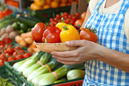 A close-up of hands holding vibrant organic vegetables, showcasing healthy eating habits and sustainable lifestyle choices, fresh produce.の素材