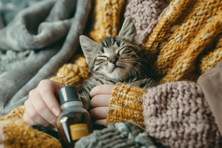 Cat lounges beside its owner, surrounded by pet care essentials, illustrating the heartwarming connection between pets and owners.の素材