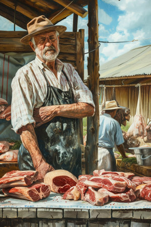 A weathered farmer stands beside his farm, showcasing a variety of farm-fresh meats to passersby at an open-air market.の素材