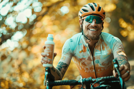 Cyclist showcasing a bottle of health supplements, emphasizing vitality and the importance of nutrition in fitness.の素材