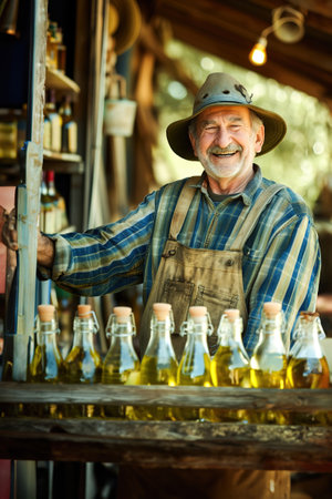 A smiling farmer proudly displays freshly bottled olive oil in rustic containers outside his charming countryside farm stand.の素材