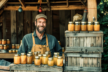 A smiling farmer stands proudly beside rustic wooden crates filled with jars of honeyの素材