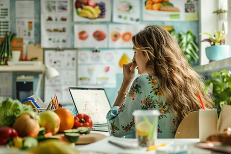 In a nutritionist's office, a woman carefully studies a personalized diet plan, surrounded by images of fruits, vegetables, and healthy recipes.の素材