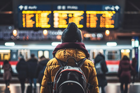 Person in a crowded train station, looking at multiple signs, turning in circles, bewildered.の素材