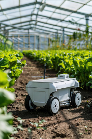 Lettuce Bot autonomously harvests green lettuce in greenhouse, advanced agricultural technology.の素材