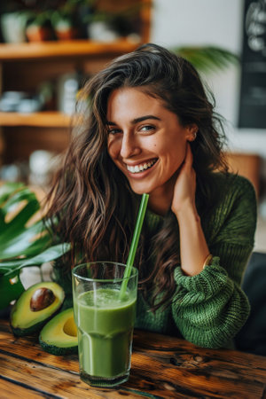 Woman smiling and shows green wheatgrass drink and avocado.の素材