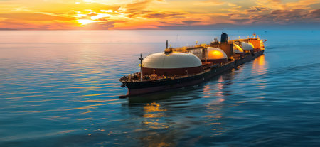 LNG tanker ship at sea, evening sunset, gas containers, industrial transport.の素材