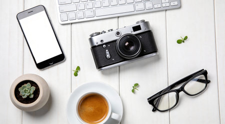 Top view flat lay of vintage camera, smartphone, coffee, and accessories on white wooden desk