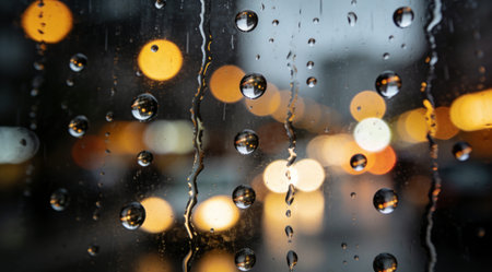 Raindrops on a window pane with blurred city lights in the background at night