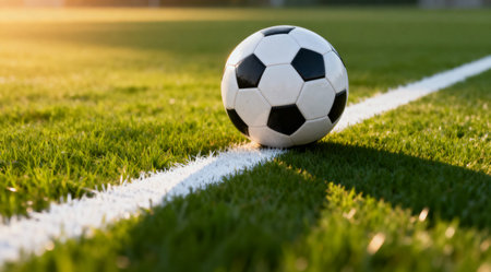 Soccer ball on the white line of a green grass field at sunset