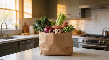 Fresh vegetables in a paper bag on a kitchen counter for Fresh Veggies Day celebration
