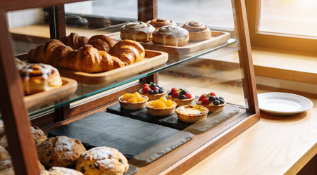 Freshly baked croissants cinnamon rolls and fruit tarts in a bakery display case