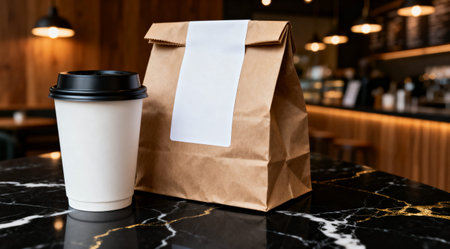 Blank coffee cup and paper food bag mockup on a marble counter in a cafe