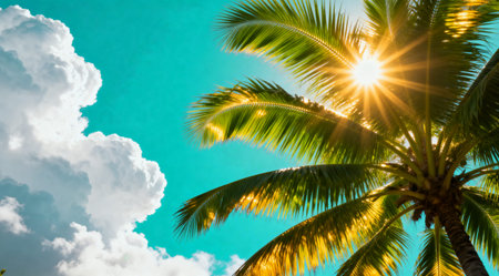 Tropical palm tree with bright summer sun flare and white clouds on turquoise sky