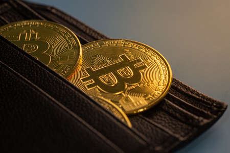 Golden Bitcoin token on a wallet. Digital currency. Cryptocurrency. Bitcoin walletの写真素材