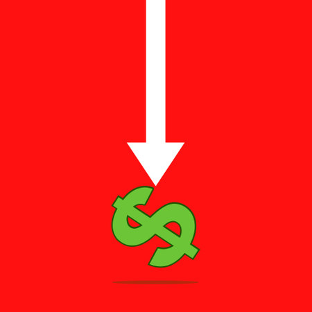 Dollar crash symbol with white arrow on red background. Global Economic Downturn. Recession. Market Crash.のイラスト素材
