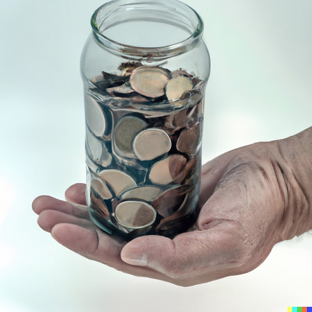 Hand Palm with a Jar of Coins on top of it. Generative AI.の素材